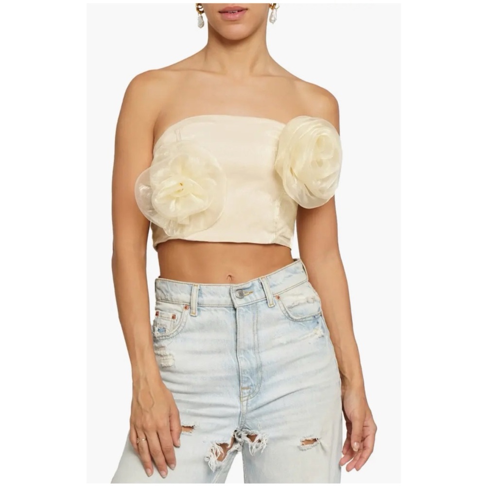 Know One Cares Beige Flower Strapless Crop Top, Medium